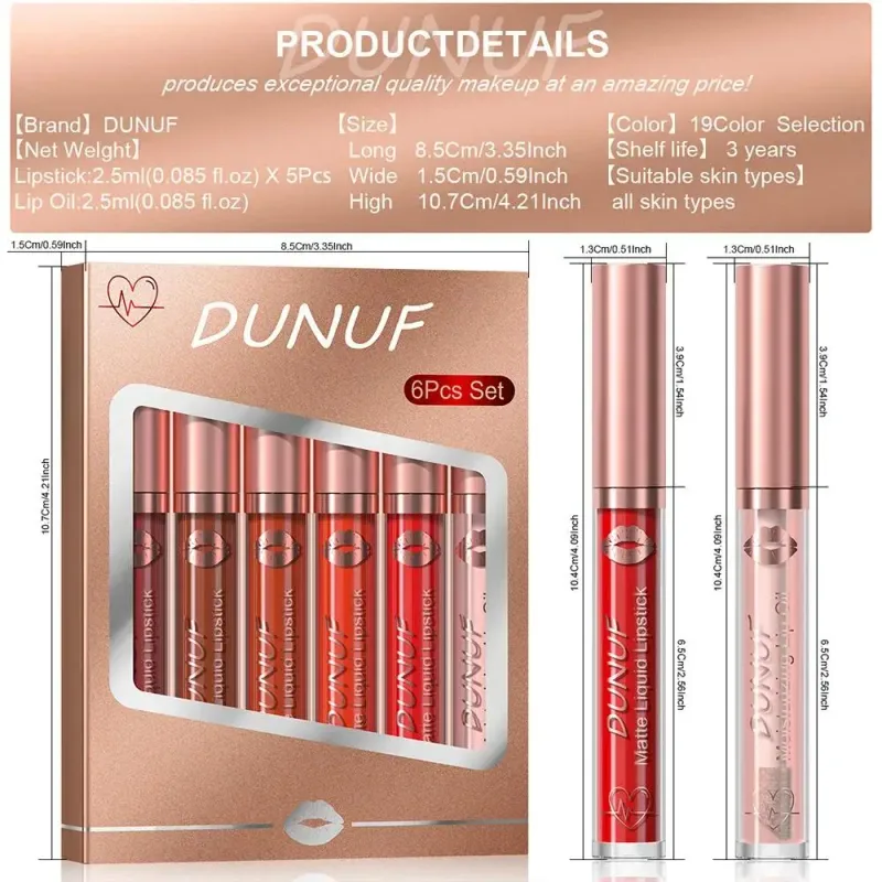 6 ชิ้น Velvet Matte Liquid ลิปสติกชุดกันน้ำ Long Lasting Nude Rose Red Lip Oil สำหรับความชื้นและ Shine — image 7