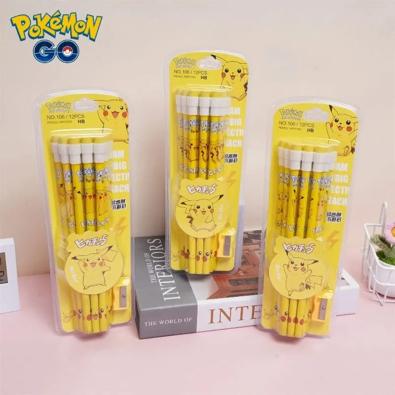 12 Stück Pokémon-Bleistift mit Radiergummi, Anspitzer, niedliches Pikachu, Anime-Figur, Schulbedarf, Büro, Schreibwaren, Kawaii-Werkzeuge, Geschenke — image 1