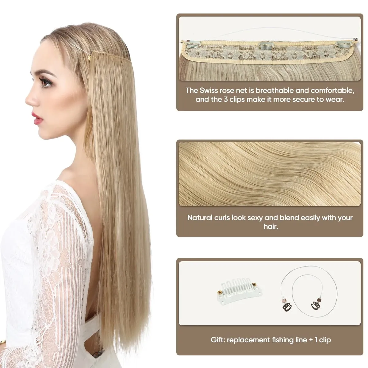 Estensioni per capelli con filo invisibile sintetico resistente al calore premium con clip Posticci Capelli lunghi lisci naturali finti per donna — image 3