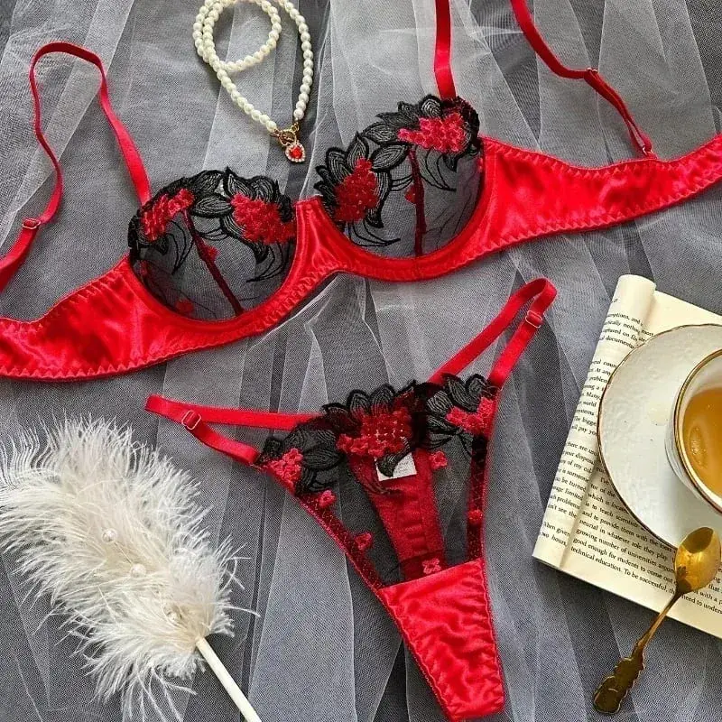 2-teiliges schwarzes, bequemes, leichtes, halbtransparentes Dessous-Set für Damen. Fancy Lingerie BH-Set mit floraler Spitze, Luxus-Unterwäsche — image 9