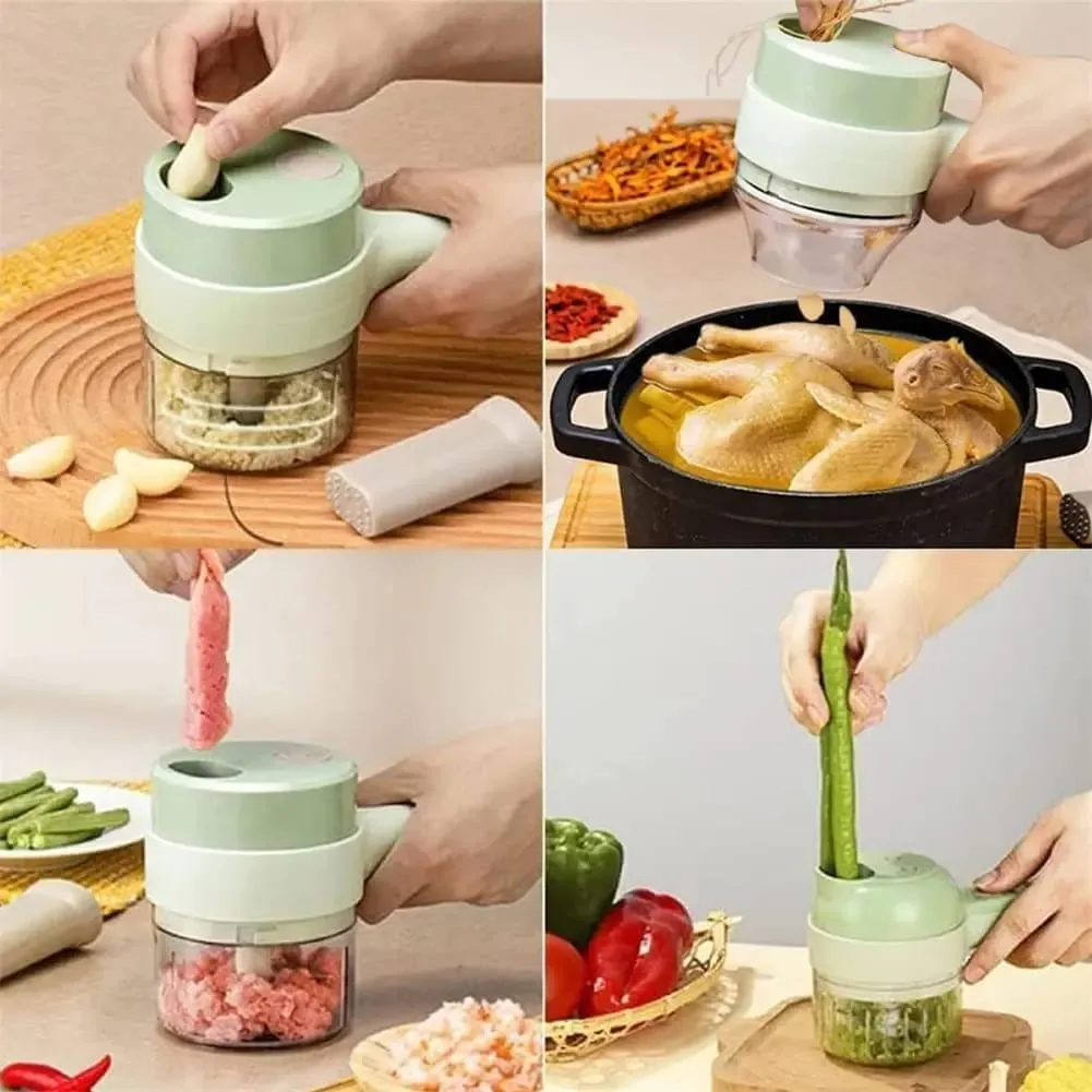 4 In 1 야채 커터 다기능 핸드 헬드 전기 무선 절단 마늘 매쉬 다진 슬라이스 양파 절단 요리 가제트 — image 5
