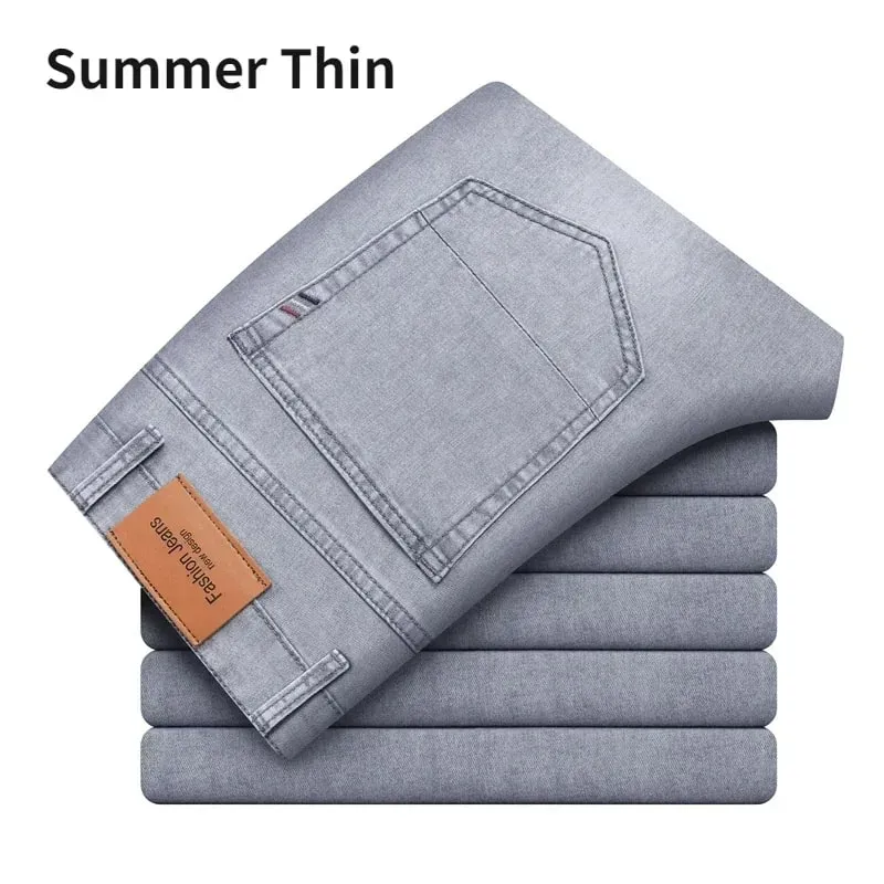 2024 Brand Thin or Thick Material Men's Elastic Cotton Jeans Fashion Gray Comfortable Denim Business Casual High Waist Pants — image 11