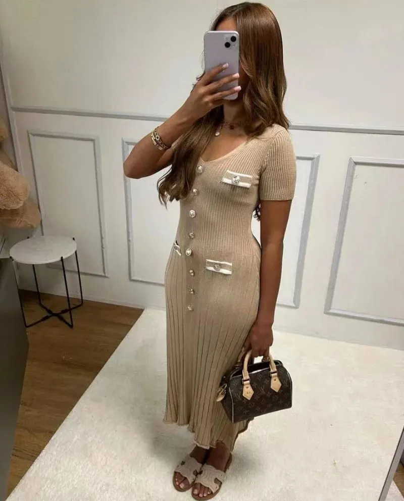 Elegante Gestrickte Maxi Kleider Bodycon Kurzarm Rüschen Einreiher 2025 Neue Kleid Casual Communte Streetwear Vestidos — image 6