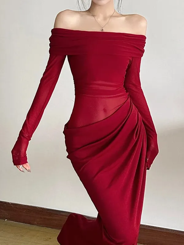 Nibber เซ็กซี่ชุดผู้หญิง 2025 ฤดูใบไม้ผลิ Patchwork ตาข่าย Elegant Slash คอ Ruched Fit Chic วันเกิดปาร์ตี้เทศกาลวันหยุด Vestidos — image 5