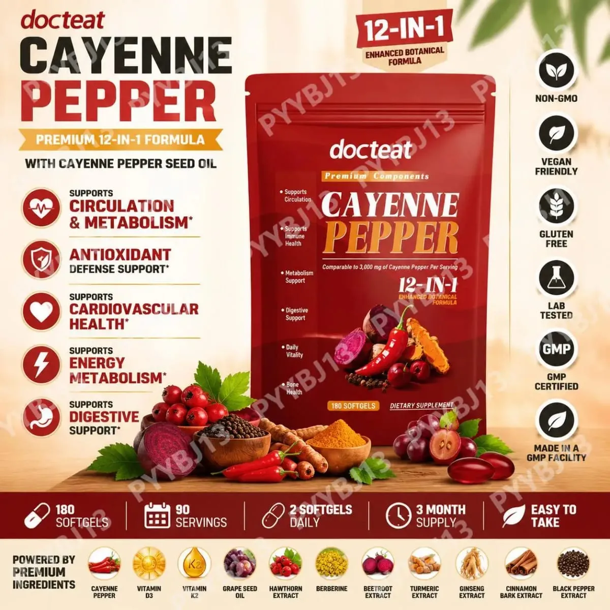 Docteat Cayenne Pepper Softgels with Vitamin D3 and K2 Energy Metabolism and Digestive Support Antioxidant Defense 180 Softgels — image 1