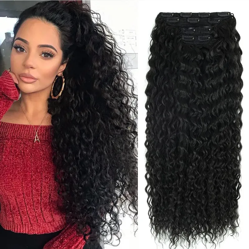 Extension synthétique à Clip pour femmes, Extension de tête complète, longue, crépue et bouclée, faux cheveux, épingle à cheveux noire et brune pour femmes — image 2