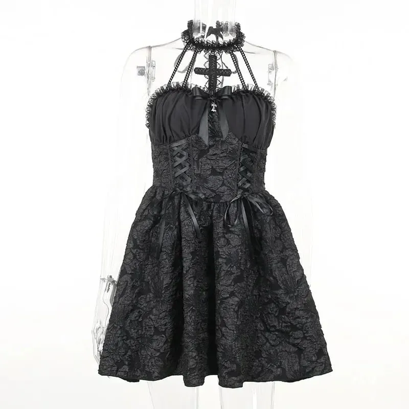 Mall Gothic Emo Jacquard A-Line Goth Elegant Grunge Ruched BANDAGE Partywear Punk ผู้หญิงสีดำฮาโลวีนชุดคลับ — image 5