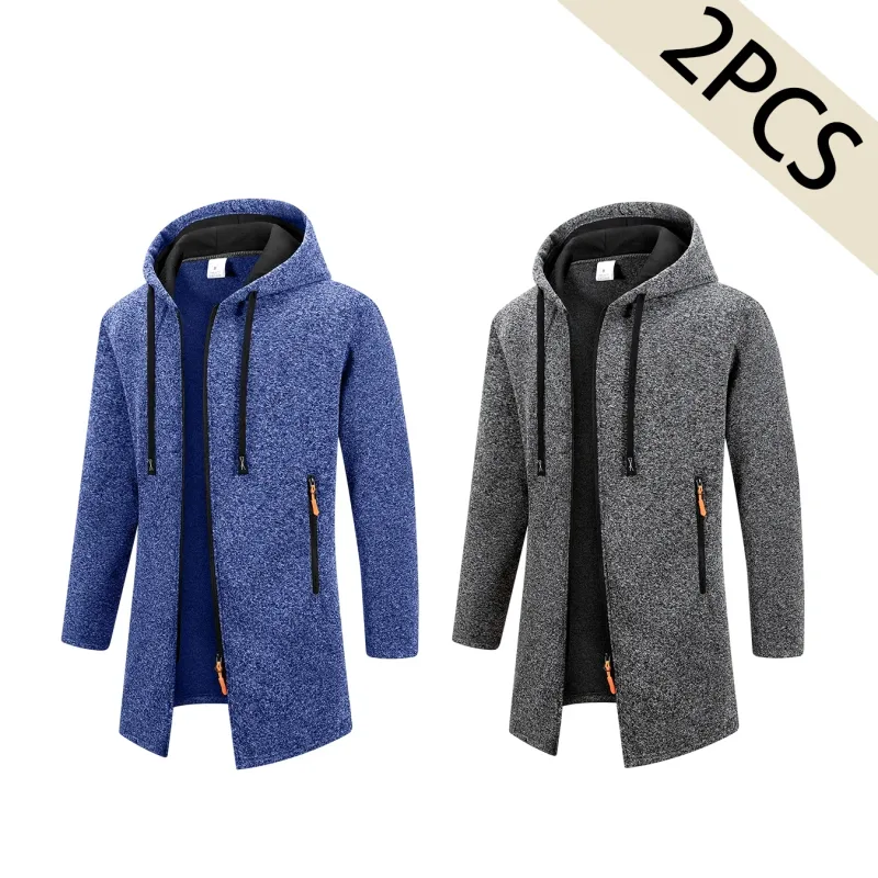 Ensemble de 2 pièces pour hommes, veste à capuche mi-longue avec fermeture éclair complète, manteau chaud doublé en polaire avec capuche à cordon de serrage et poches zippées, vêtements d'extérieur décontractés pour l'automne et l'hiver, usage quotidien