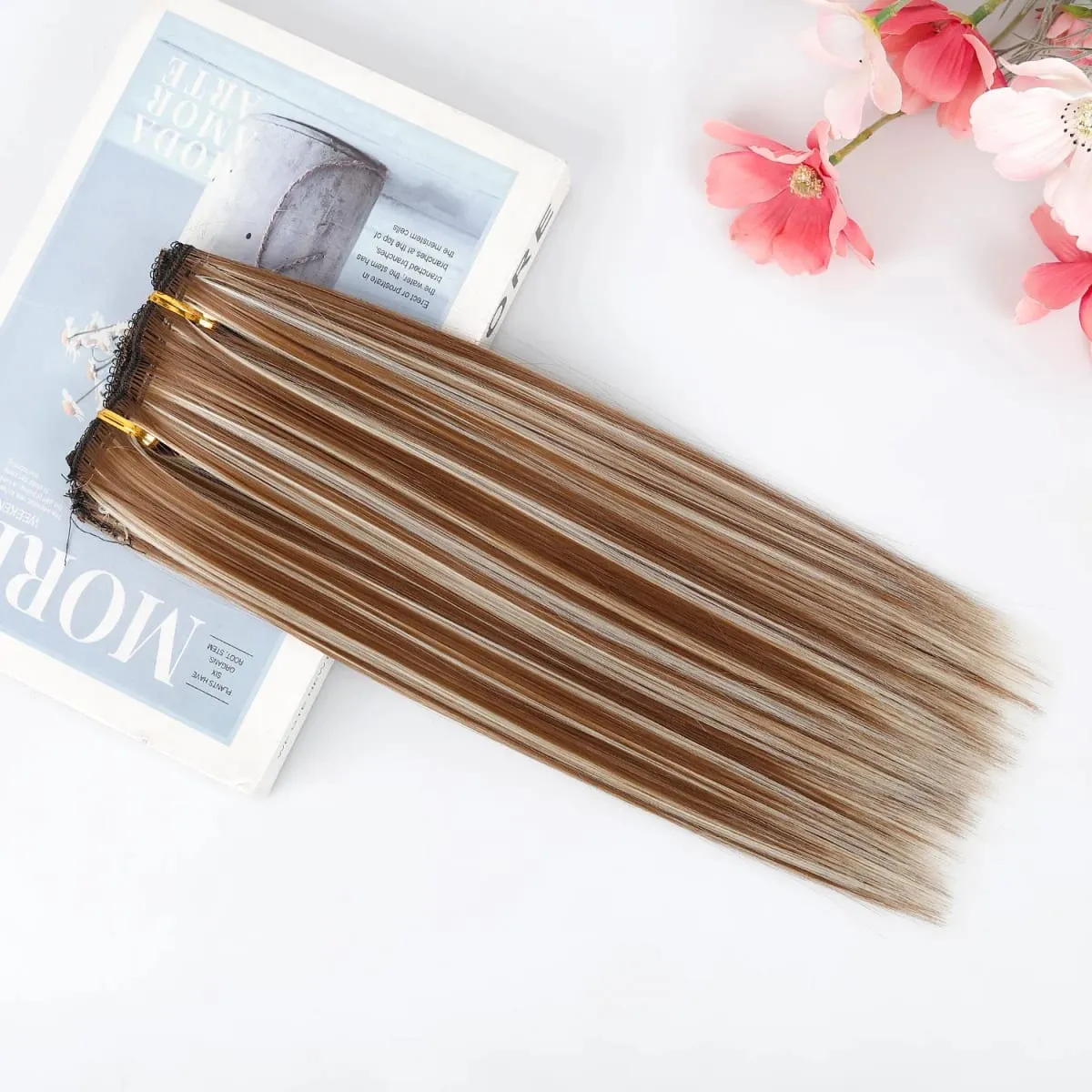 Clip In Hair Extensions 4Pcs/set Full Head 12 Inch Straight Short Synthetic Highlight Hair Extensions For Women Daily Use