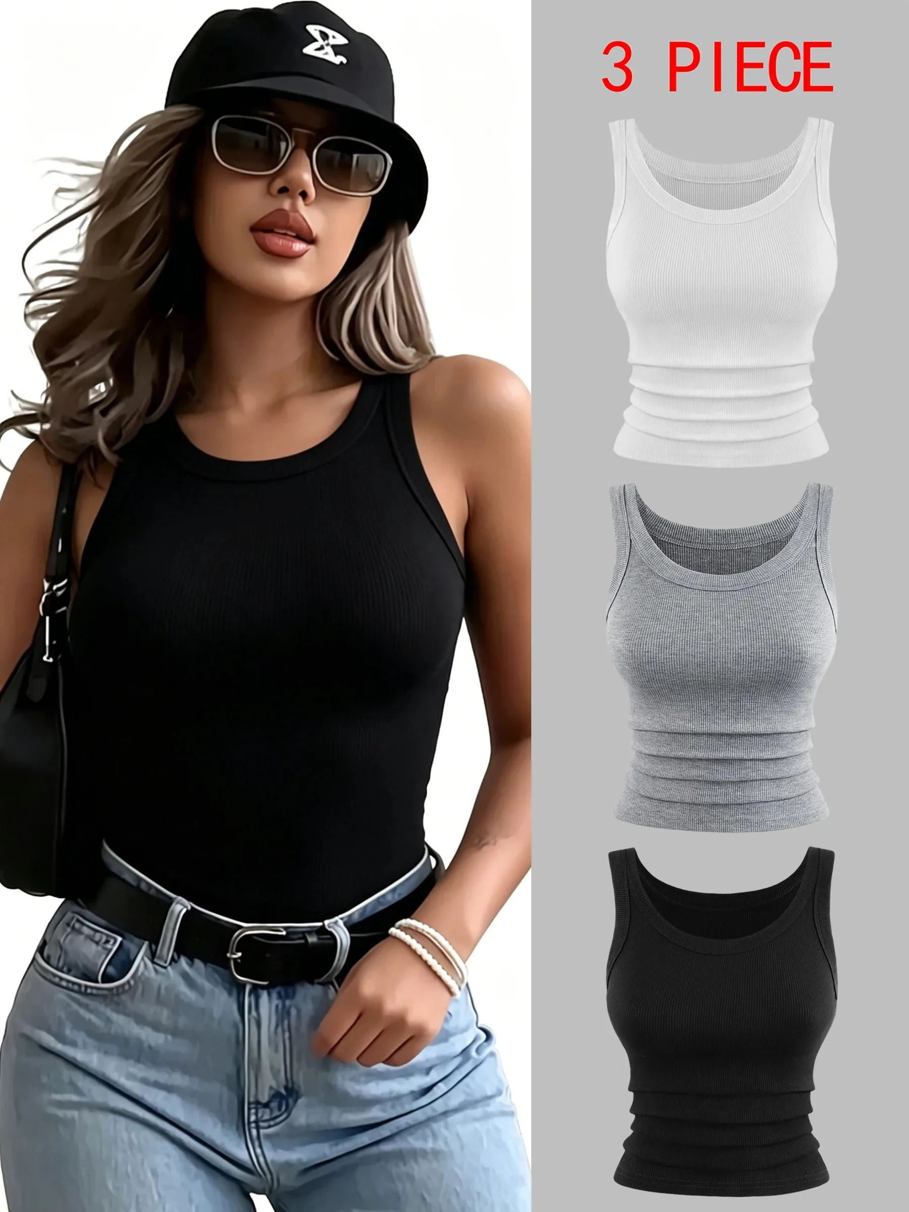 Y2K Canotte in cotone a costine Canotte da donna estive Slim O-Collo senza maniche Basic Gilet morbido e traspirante Canottiera sportiva da jogging quotidiana — image 2