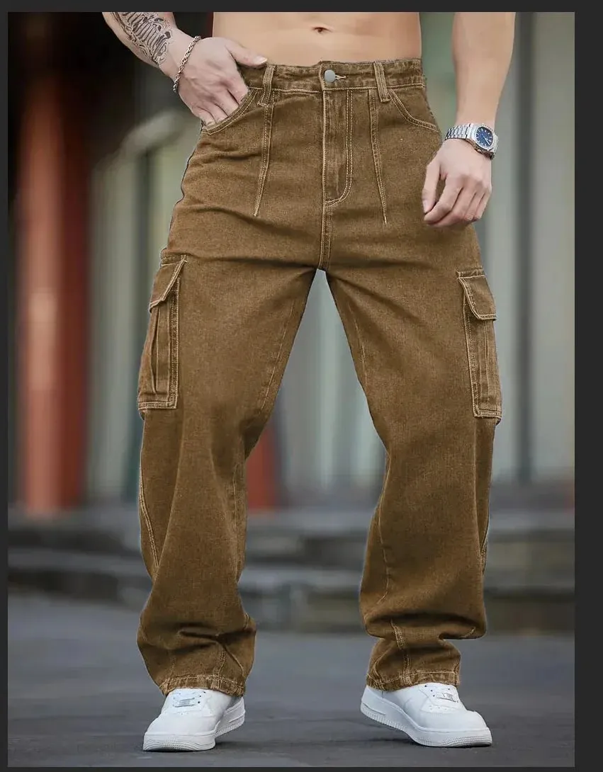 Herren-Jeans aus tiefblauem, gewaschenem Denim, Arbeitskleidung, lässiges Design mit mehreren Taschen, lockere Hose mit weitem Bein, Cargohose im Y2K-Stil — image 5