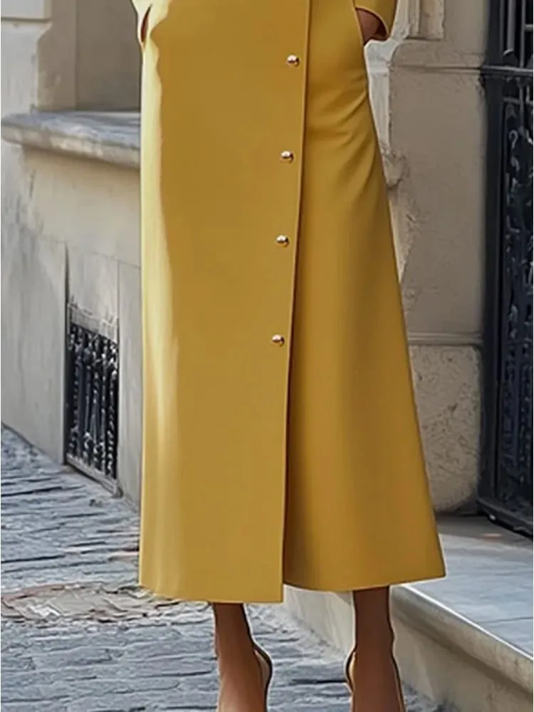 Freeacy Women's Yellow Mandarin Collar Diagonal Long Sleeve Buttoned Maxi Dress for Wedding Guest 2026 Luxury Office Dress — image 3