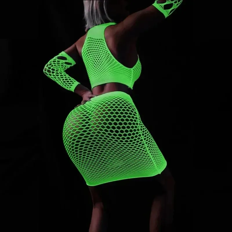 Women's Fluorescent Bodystocking Set Glow in Dark Fishnet Two-Piece UV Party Club Dance Costume