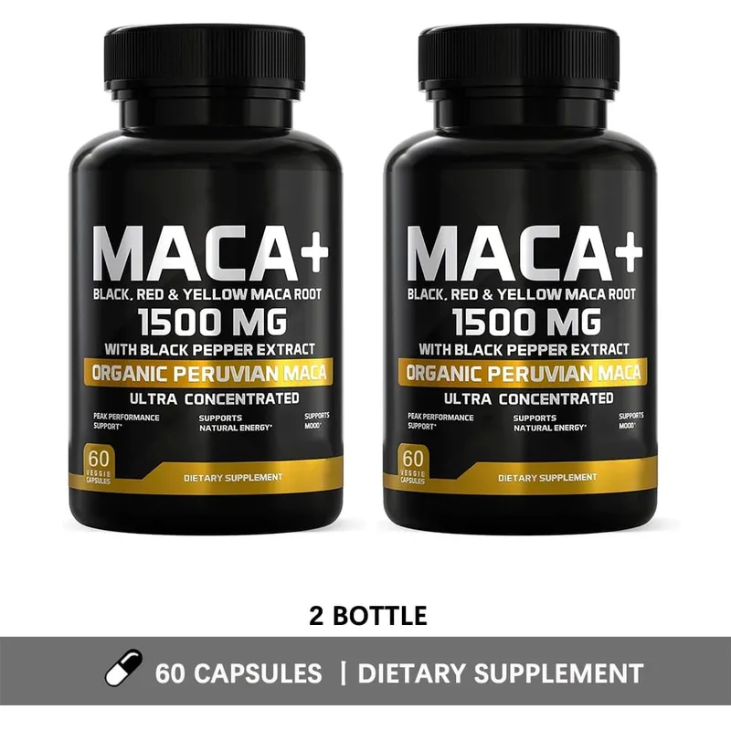 유기농 마카 뿌리 분말 캡슐 1500mg, 검정+빨간색+노란색 페루산 마카 뿌리 보충제(남성 및 여성용) 포함 - 비건 알약