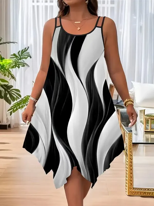 Abito da donna taglie forti con stampa a righe geometriche asimmetriche a doppia cinghia — image 9