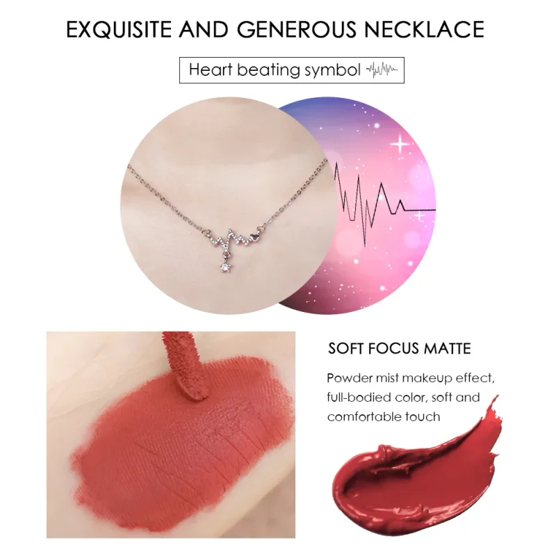 4 Keping Set Solekan Gincu Cecair Matte Warna Lipgloss Merah Seksi Tahan Air Kosmetik Kilau Noda Bibir Dengan Kalung — image 5