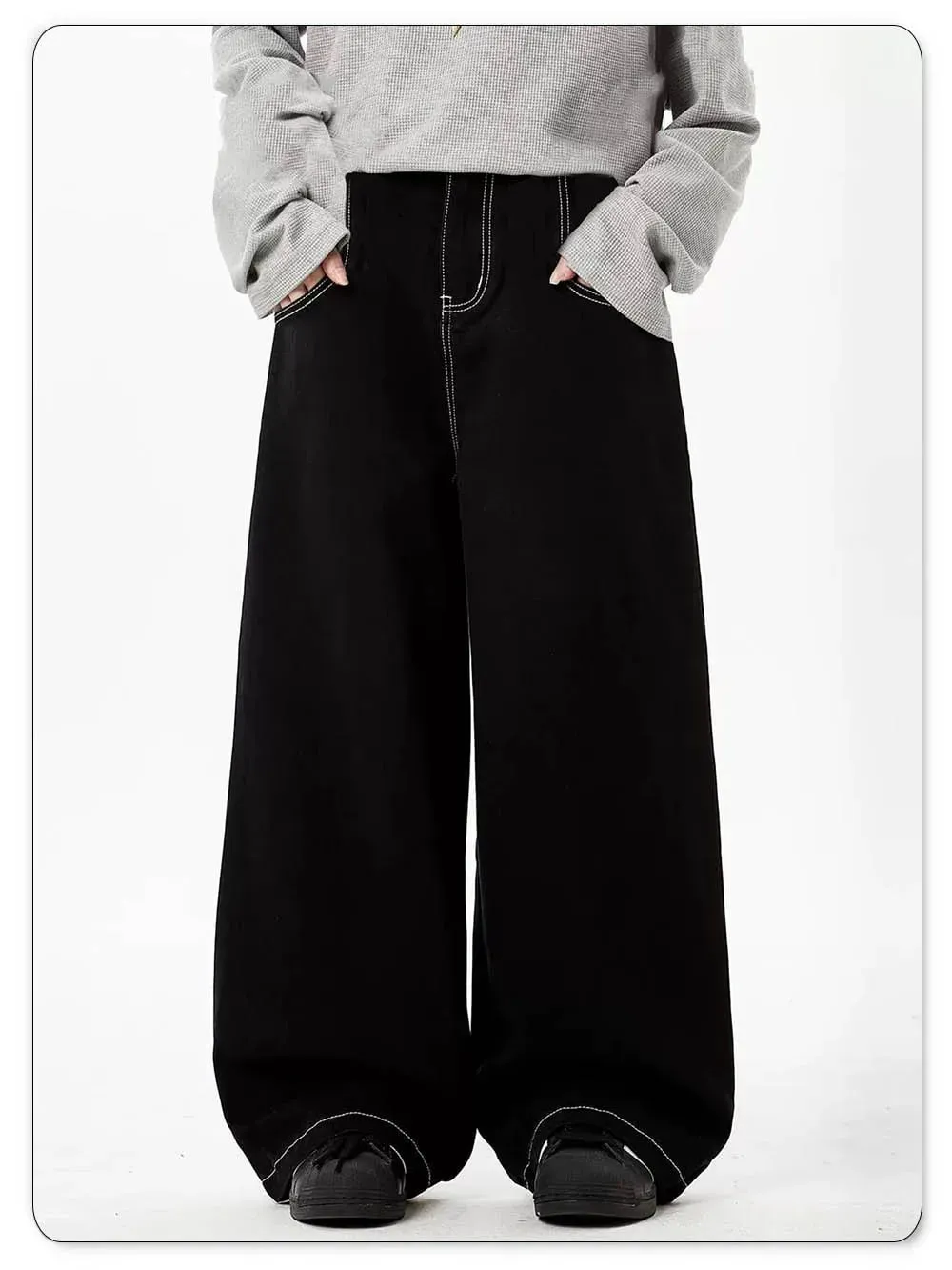 Wiosenne letnie męskie retro czarne luźne dżinsy z szeroką nogawką amerykański podstawowy unisex codzienny codzienne spodnie dżinsowe damskie czarne dżinsy w stosy — image 8