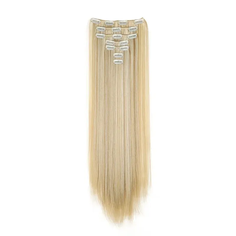 Coiffure longue droite 16 Clips 7 pièces/ensemble Extensions de cheveux postiches synthétiques blondes noires naturelles résistantes à la chaleur pour les femmes Kp — image 18