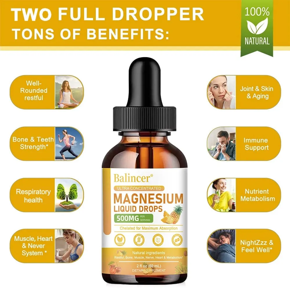 Gotas líquidas de glicinato de magnesio 500 mg Suplemento complejo para el sueño Energía nerviosa Músculo Hueso Calma y digestión 2 onzas líquidas — image 2