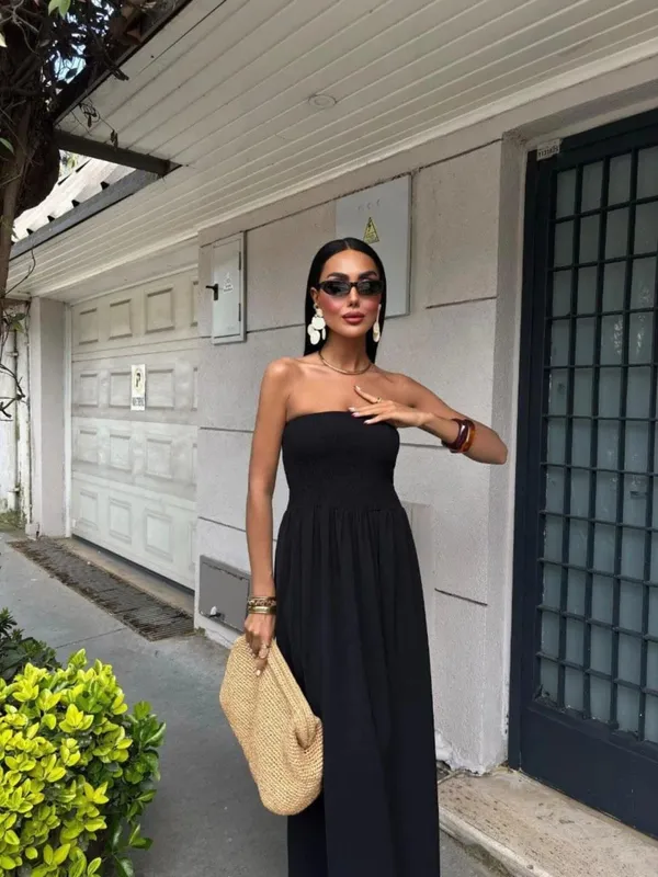 Robe longue sans bretelles, couleur unie, épaules dénudées, cintrée à la taille, pour femmes, nouvelle mode d'été 2026 — image 7