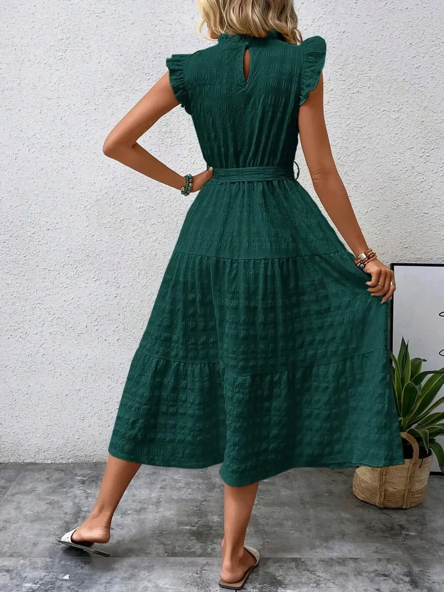 2026 Summer Fashion Flutter Sleeve Women Stand Collar Ruffles Solid Color Elegant Loose Long Dress Lace-up Texture Party Dresses — image 2