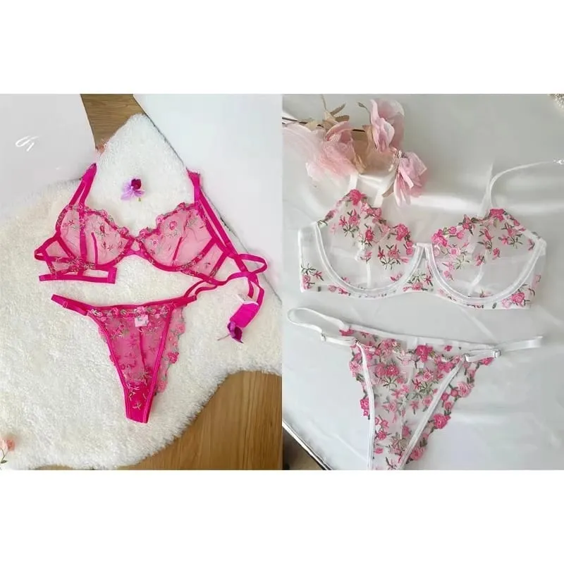 Set Bra Sulaman Renda Bunga Lutsinar Seluar Dalam Minimizer Nipis Musim Panas Lembut Bernafas Payudara Penuh Wanita Di Rumah Pakaian Harian S-XL — image 5