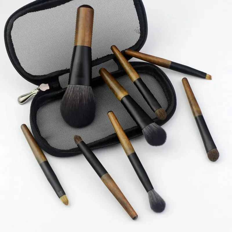 8Pcs Mini Travel Makeup Brush Set with Pouch Wooden Handle Cosmetic Brush for Face Powder Blush Highlighter Concealer Eyeshadow — image 2