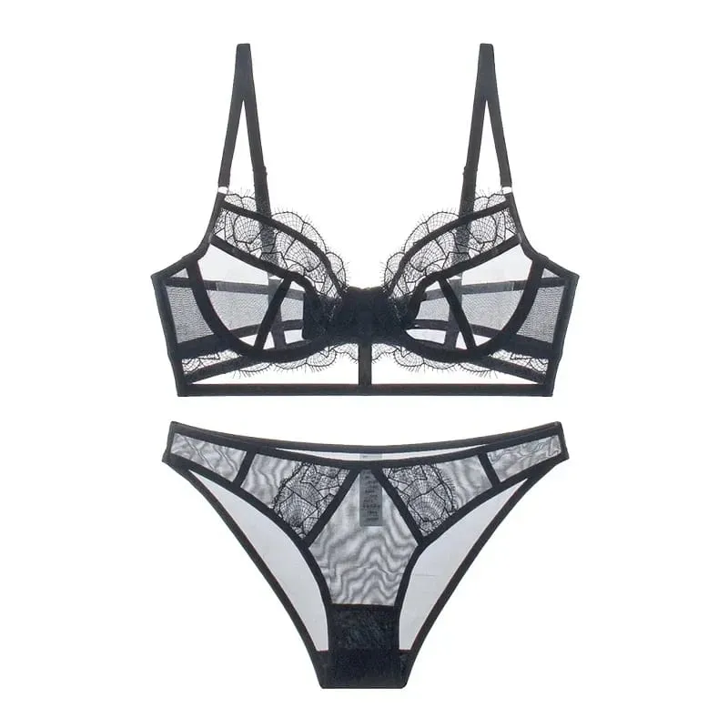 Set Pakaian Dalam Jaring Sulaman Ultra Nipis dengan Tekan Tubi Cincin Keluli untuk Payudara Besar & Rupa Seksi — image 8