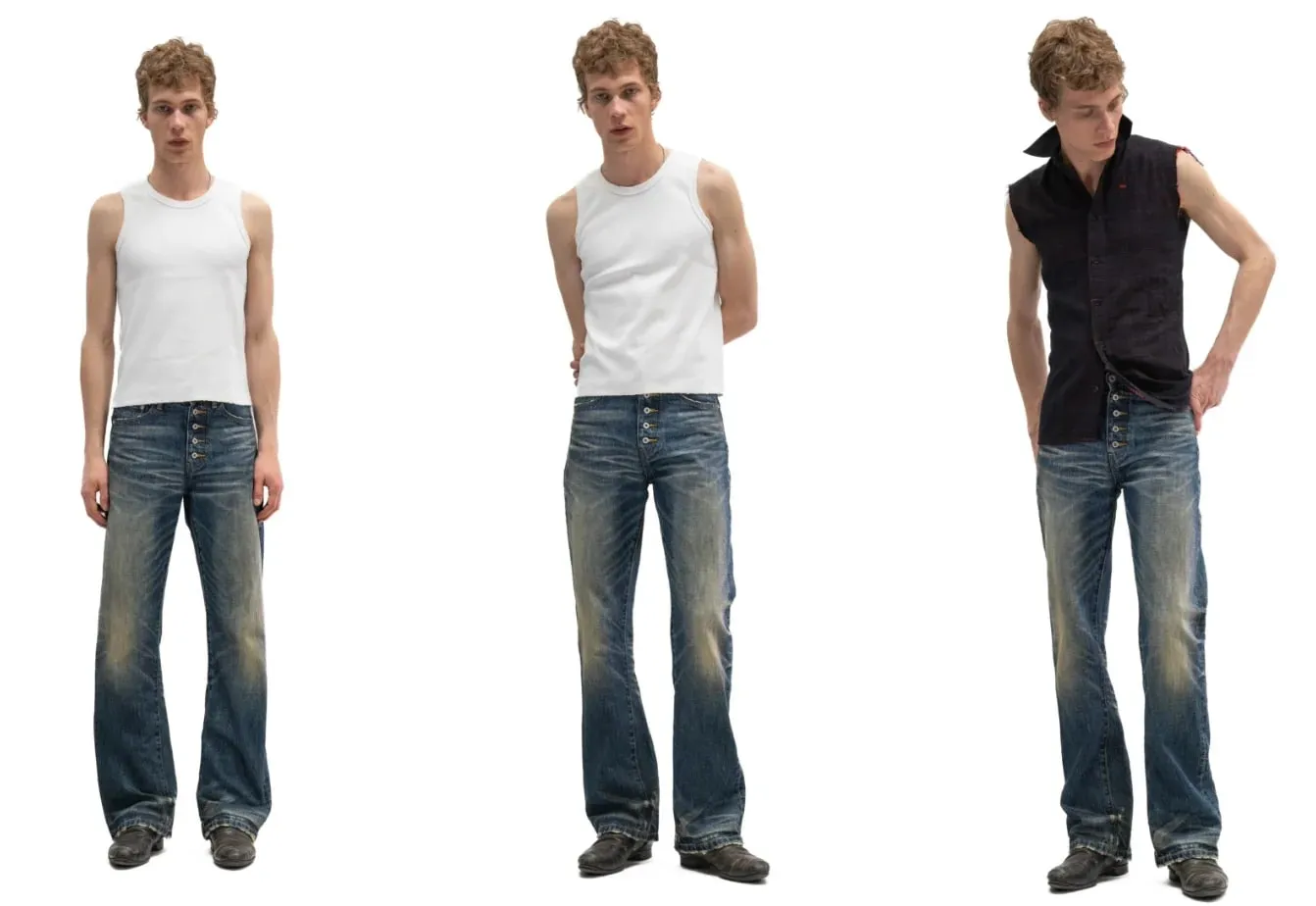 Button‑Fly Cat‑Whisker Pleated Indigo Selvedge Bootcut Jeans — image 8