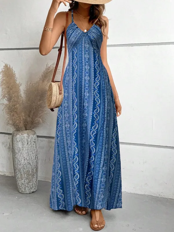 Abito estivo da donna con motivo etnico, spacco sulla coscia, abiti estivi da donna, abito lungo con volant alla moda Boho per la spiaggia
