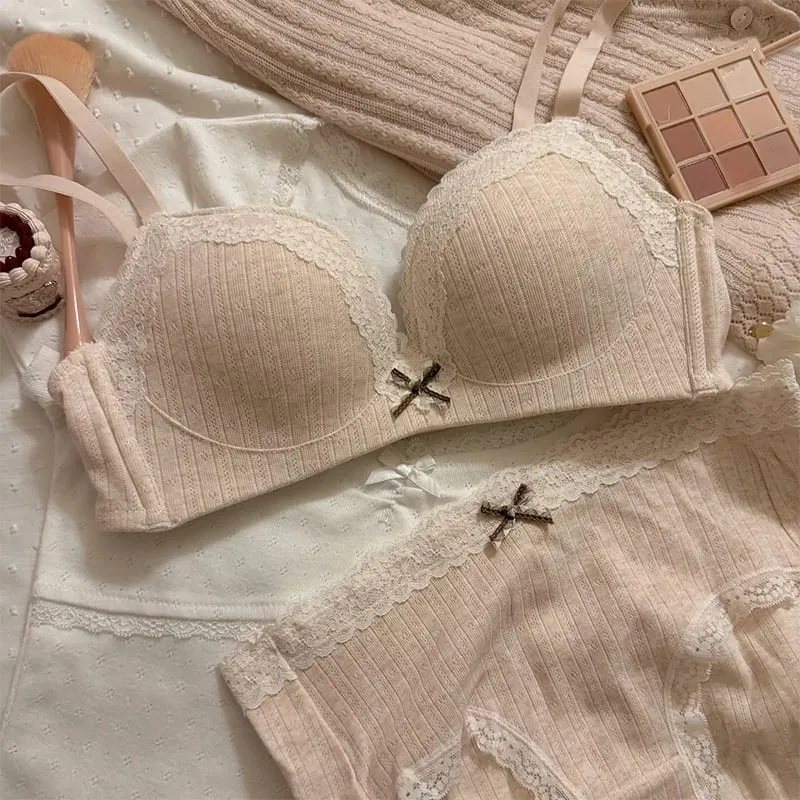 Sweet Girl Lace Edge Floral Bra Set Women Non-steel Ring Beauty Back No Steel Hoop Anti Sagging Underwear Cotton Comfortable Bra — image 1