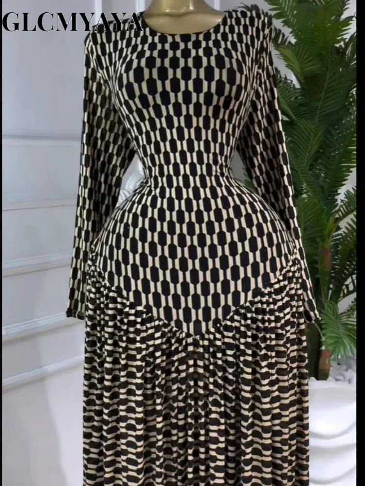 CM.YAYA Women Plaid Round Neckline Long Sleeve Fit and Flare Long Maxi Dress 2025 Even Party Education Bakasyon Dresses Vestidos — image 4