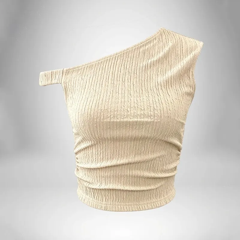 Y2K – débardeur asymétrique basique minimaliste décontracté pour femmes, sans manches, couleur unie, épaules dénudées, froncé sur le côté, haut court d'été — image 4