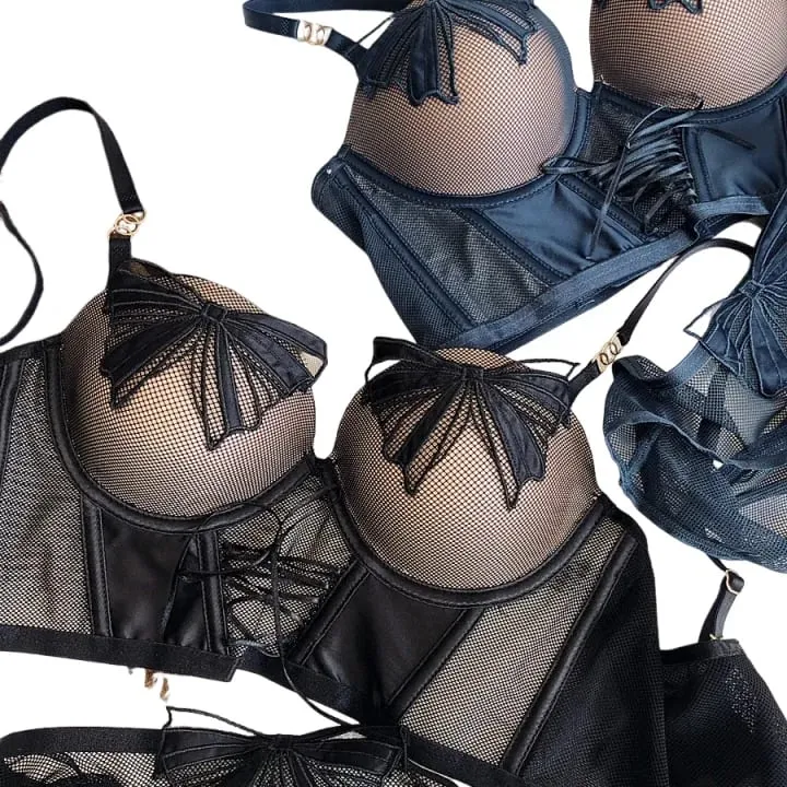 Bowknot Gauze Perspective Sexy Push Up Underwear Set Thick Small Bra Briefs Panties Lengthen Adjustable Intimates Belt — image 1
