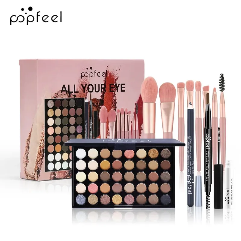 Dárková sada na make-up All-in-One s paletou očních stínů Foundation Lip Gloss štětce na oční linky a další kosmetické dárky