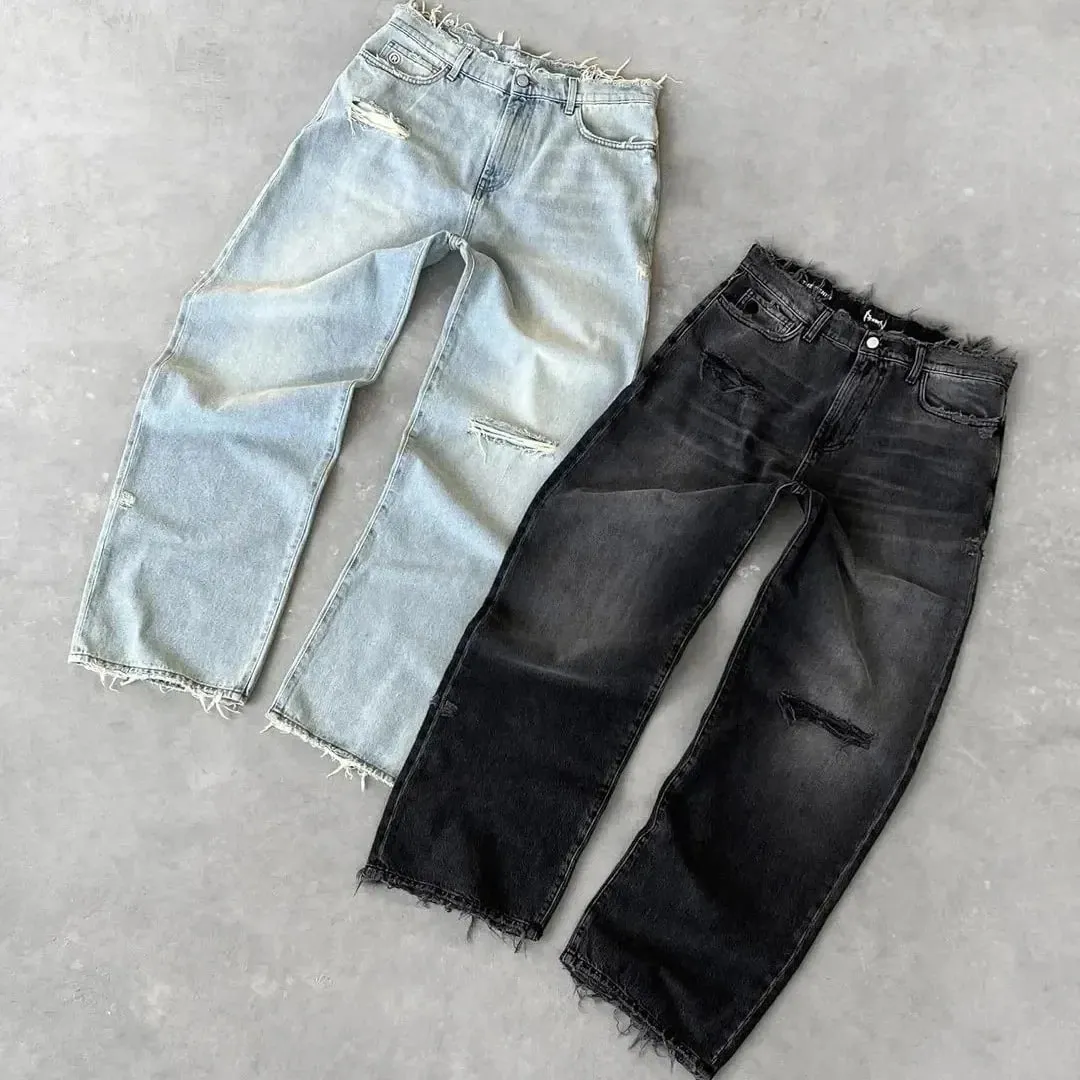 Straight Jeans Distressed Men Jean Ripped Holes Washed Denim Pants Ankle Length Loose Solid Zipper Fly Pockets Casual 2025 — image 2