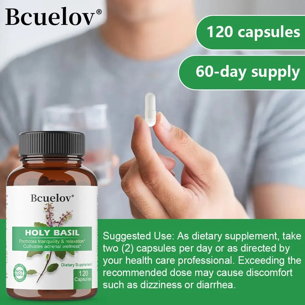 Holy Basil Tulsi Extract Capsules สนับสนุนต่อมหมวกไตภูมิคุ้มกันระบบทางเดินหายใจ & Daily Calm Wellness ความเครียดและความวิตกกังวลบรรเทา