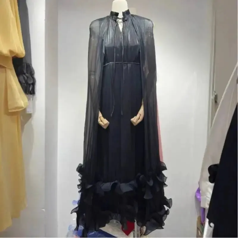 Commuting Style V-neck Cape Style Black Fungus Edge Double-layer Hem Dresses For Women 2026 Autumn New — image 11