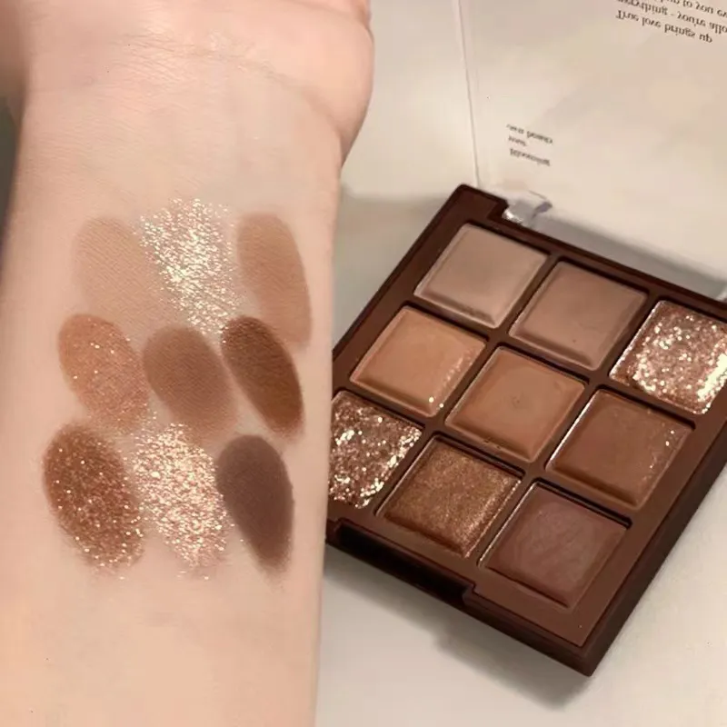 Palette di ombretti glitterati a 9 colori Palette di ombretti acrilici opachi luccicanti marrone cioccolato Cosmetici per trucco coreano impermeabili — image 7