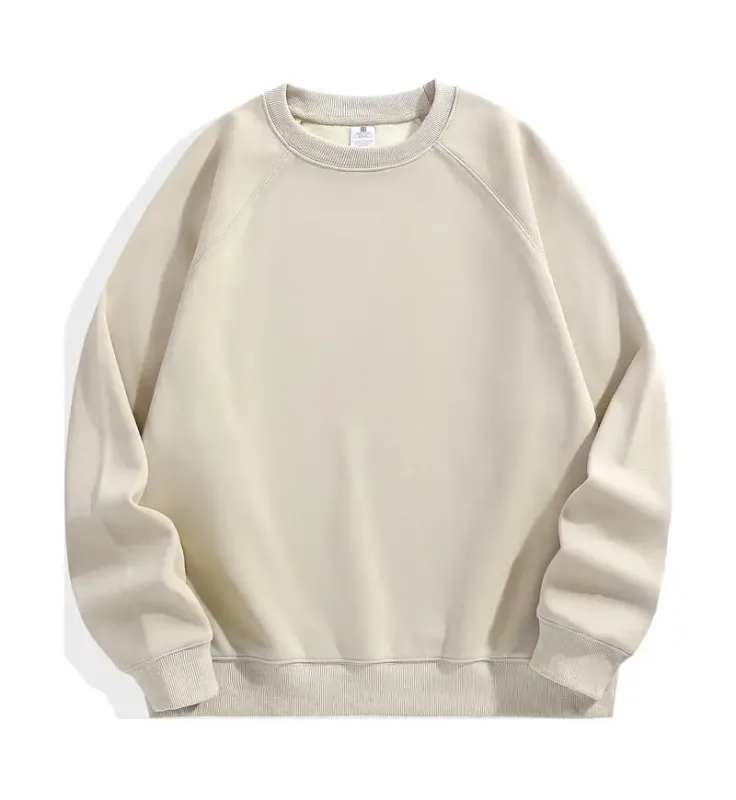 600g Baju Sweat 100% Kapas Bersaiz Besar Lelaki untuk Musim Sejuk Pepejal Beige Lengan Batwing Bulu Heavyweight Leher Krew Hoodies Termal — image 9