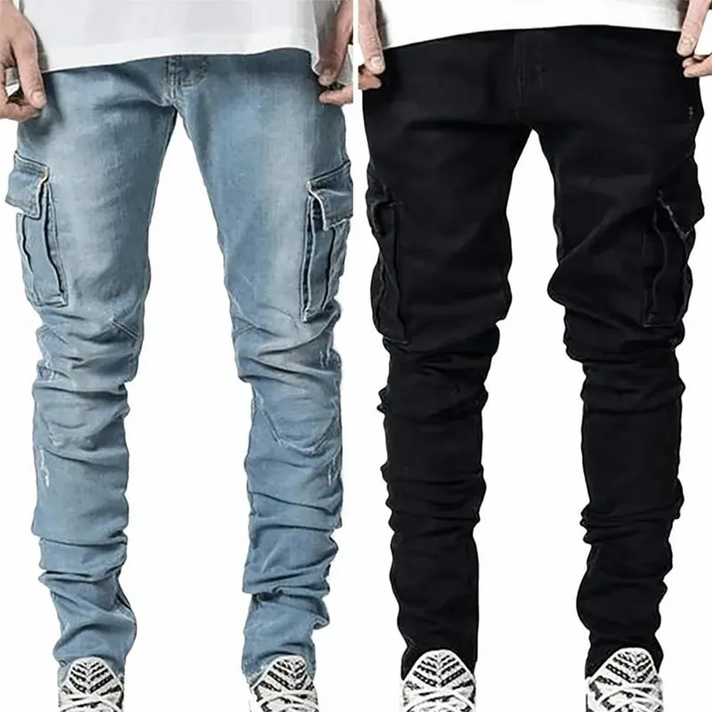 Jean élastique de rue pour hommes, pantalon Cargo en Denim, couleur unie, multi-poches, décontracté, taille moyenne, coupe cintrée, tenue quotidienne, jogging — image 7