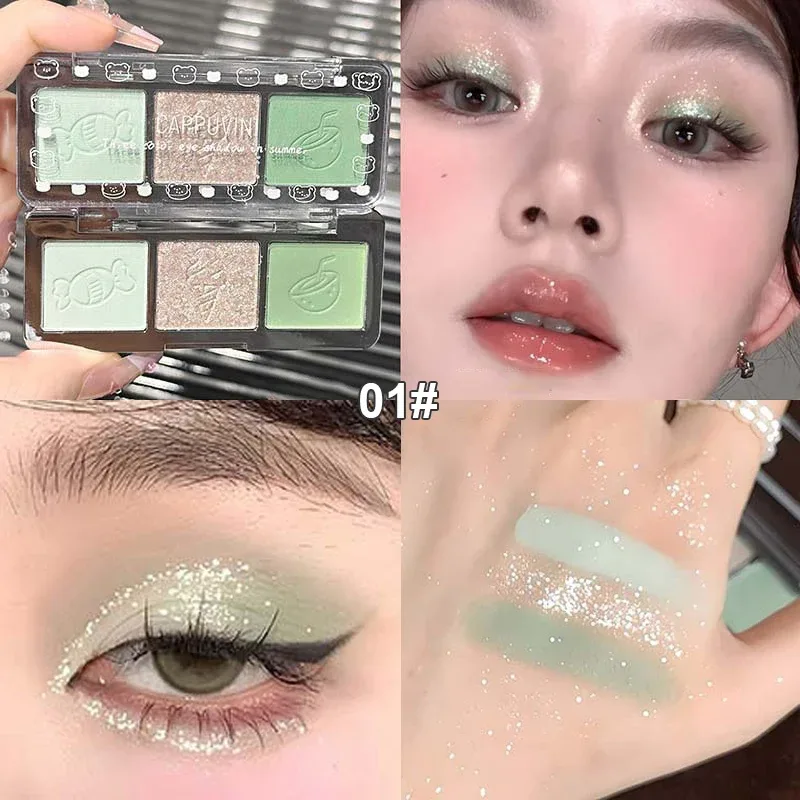 3สีGlitterอายแชโดว์Strip Palette Brighteningกันน้ำGradient Mint-สีเขียวฤดูร้อนโกหกSilkworm Eye Pigmentแต่งหน้า