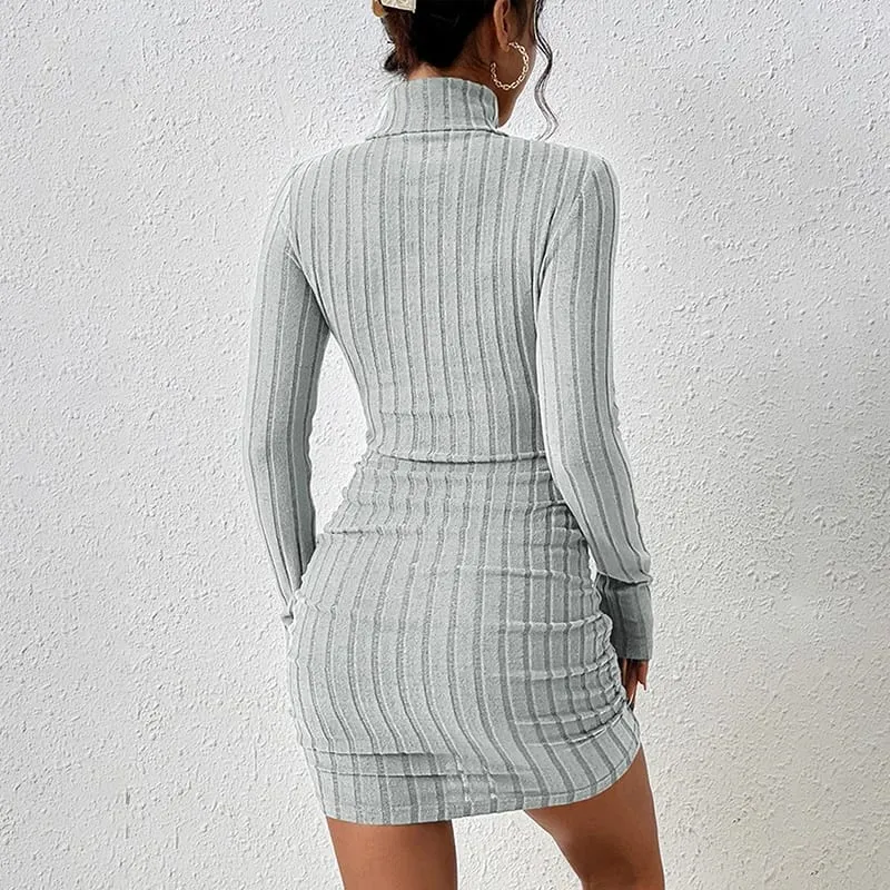 가을 여성 미니 드레스 솔리드 긴 소매 터틀넥 섹시한 Bodycon 시스 드레스 클럽 우아한 파티 드레스 풀오버 의류 — image 7