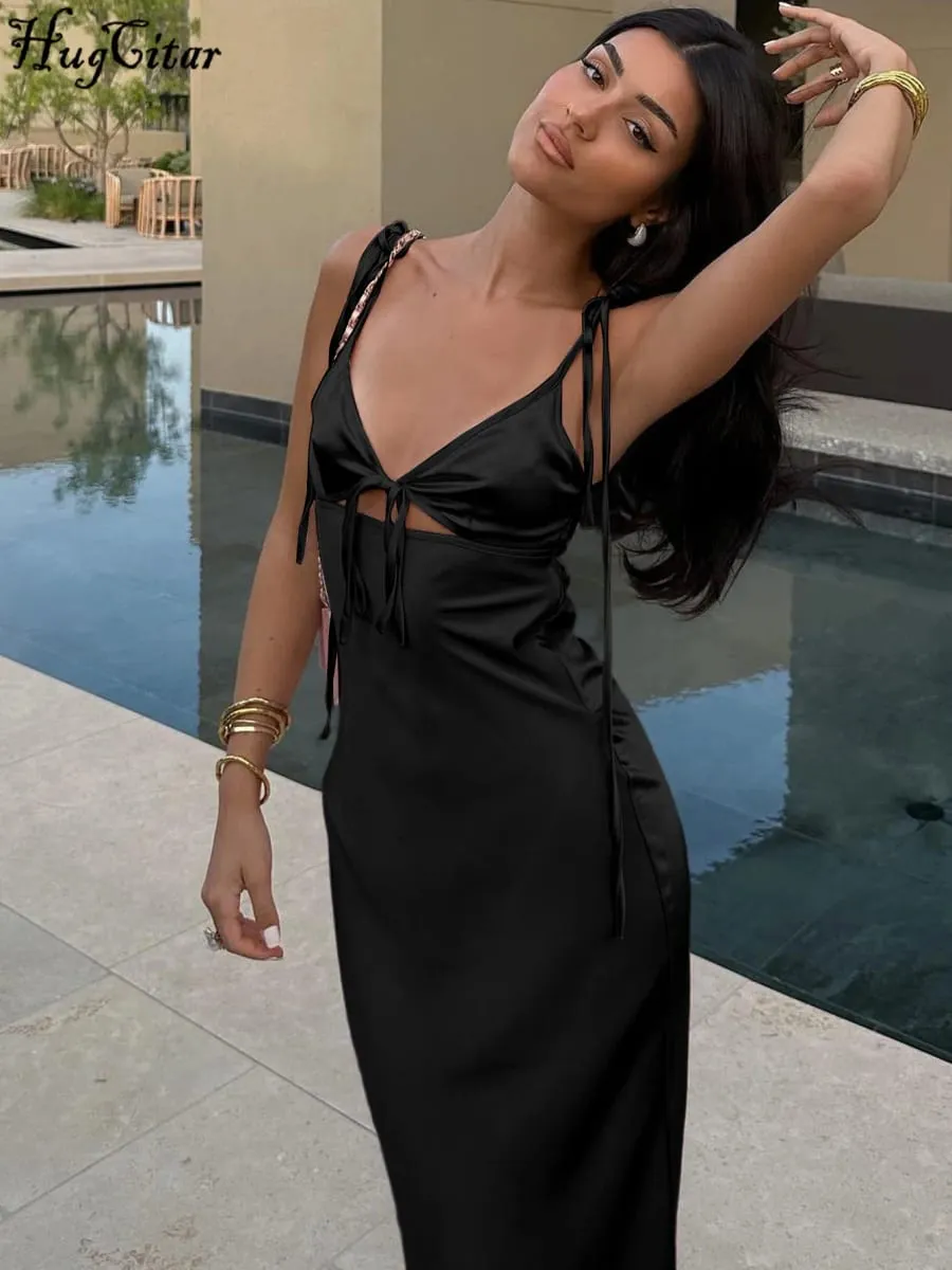 Hugcitar V Leher Slip Padat Tanpa Belakang Hollow Out Lace Up Bodycon Seksi Maxi Prom Dress Musim Panas Wanita Pakaian Elegan Pesta Hari Lahir — image 5