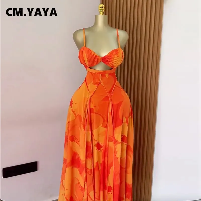 CM.YAYA Donne Stampato Floreale Cinghia Backless Reggiseno Anteriore Grande Altalena Maxi Abito Lungo 2025 Vintage Sexy Club Abiti Da Sera Del Partito — image 2