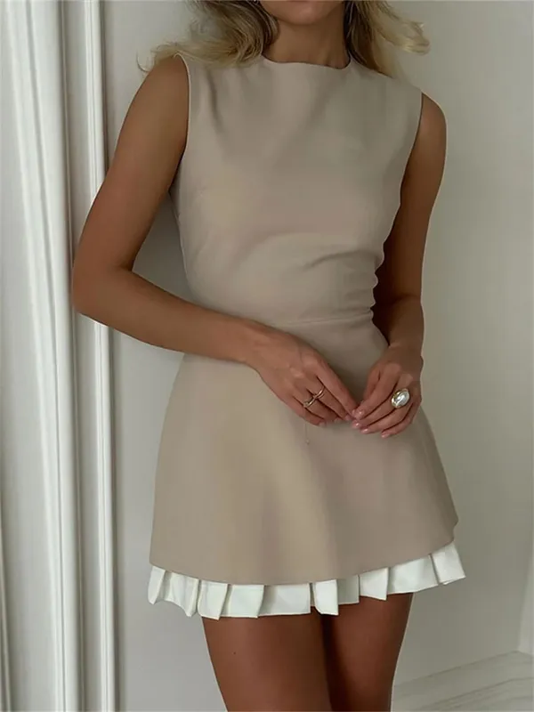 Lady OfficeเดินทางHigh Street Mini Dress Elegant Patchworkจีบสั้นชุดผู้หญิงแฟชั่นSlimแขนกุดVestidos 2025