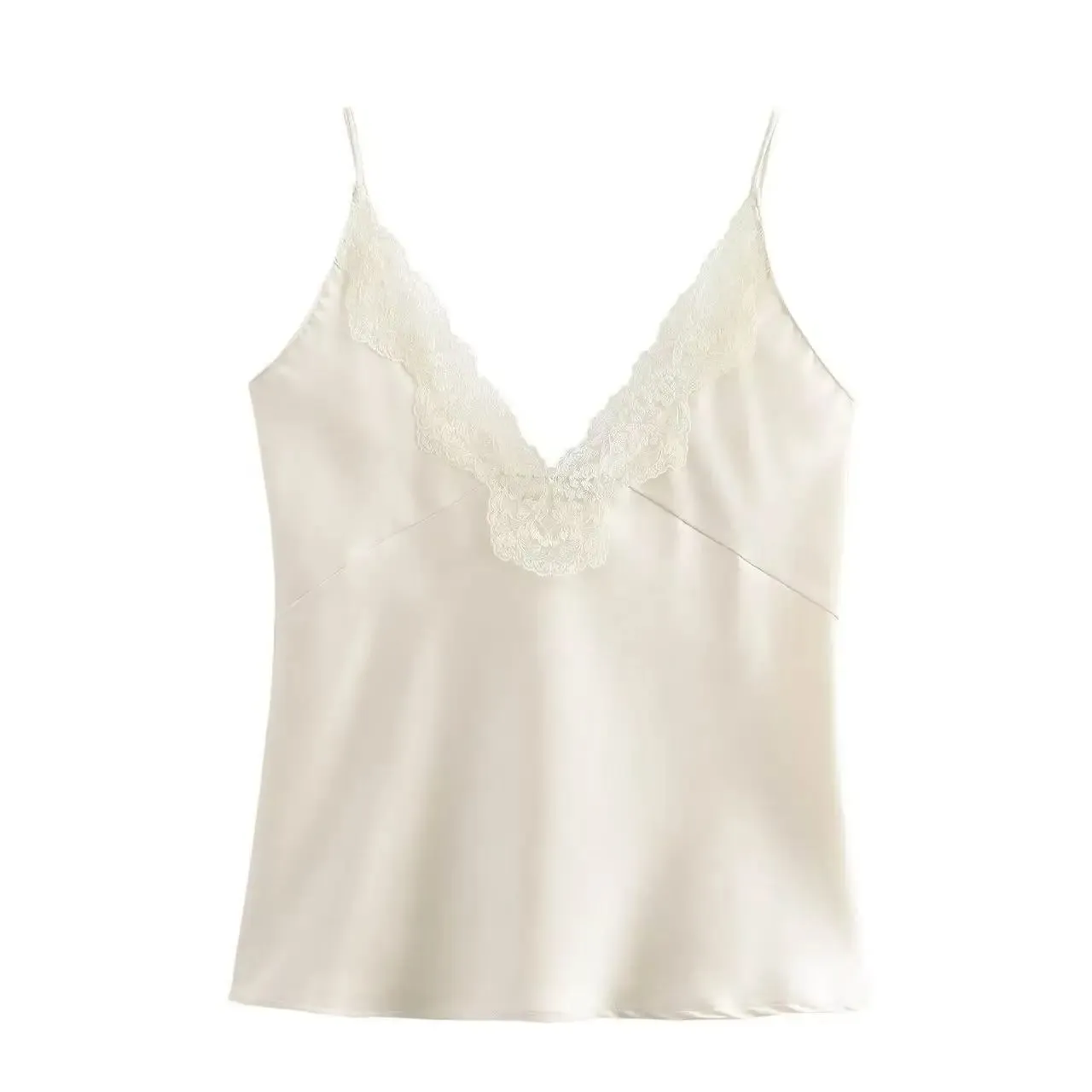 Frauen Spitze Patchwork Tanks Tops Satin V-ausschnitt Solide Ärmellose Leibchen Sommer Frauen Spaghetti Strap Mini Tops Mode Dünne Camis