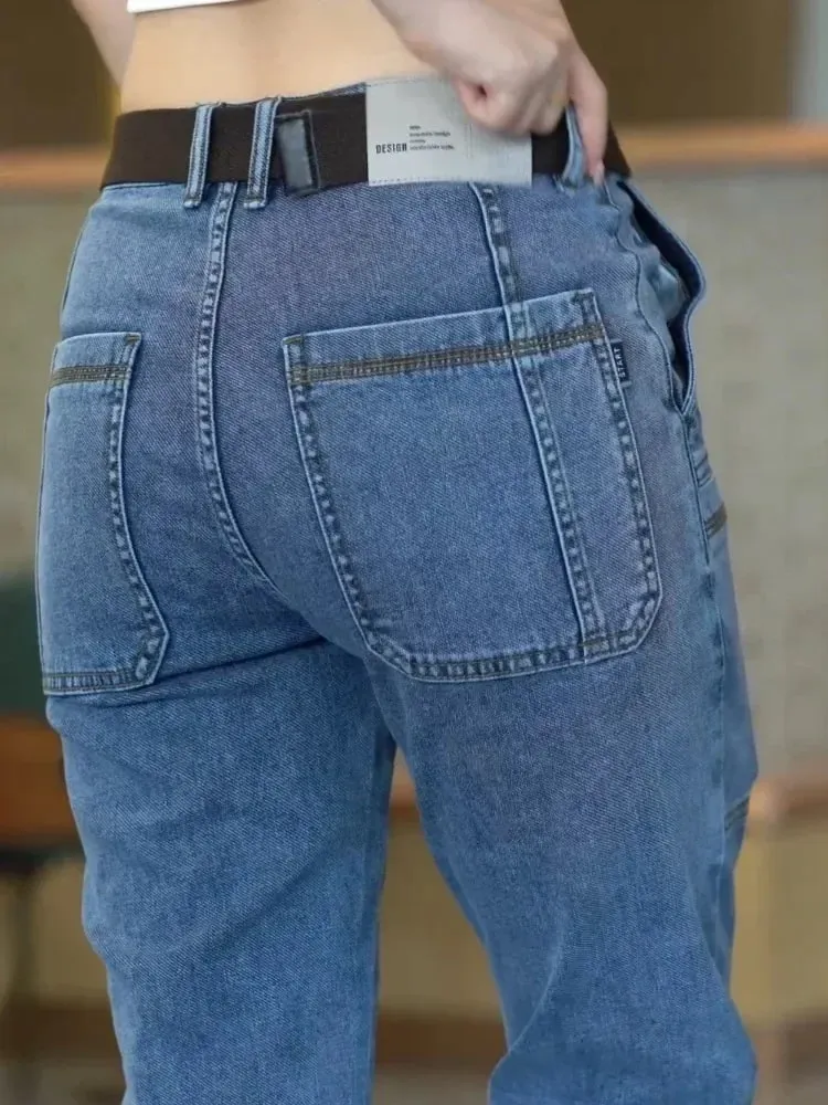 İlkbahar Yaz Ince Altı Cep erkek Kot Elastik Düz Bacak Rahat Slim Fit Kot Çok Yönlü Çok Cep Uzun Y2K Denim Pantolon — image 9