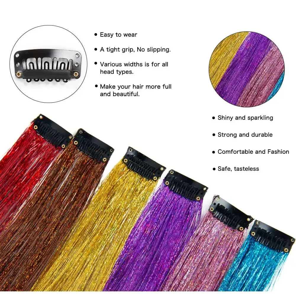 ขายส่ง 5 ชิ้น/แพ็คประกายเงาต่อผมคลิปใน Sparkle ผมเงา Tinsel Rainbow Shiny Sparkle ผม Tinsel สีชมพู/ สีแดง — image 9