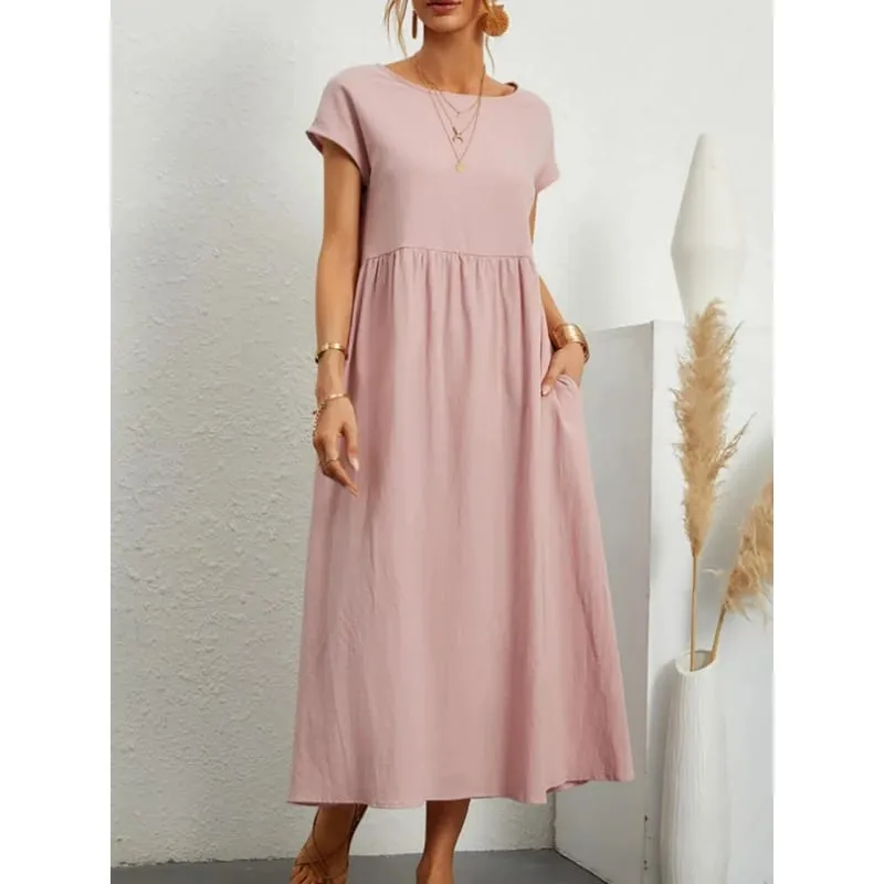 Gaun Linen Kapas Pepejal Premium yang Elegan Midi Musim Panas dengan Poket Longgar Leher Krew Kasual Lengan Pendek untuk Perjalanan Pantai — image 11